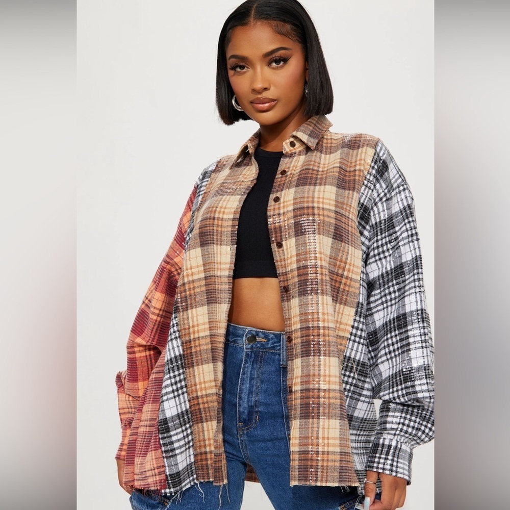 FashionNova NWT Sequin Plaid Multicolor Button Down Shirt Size 2X